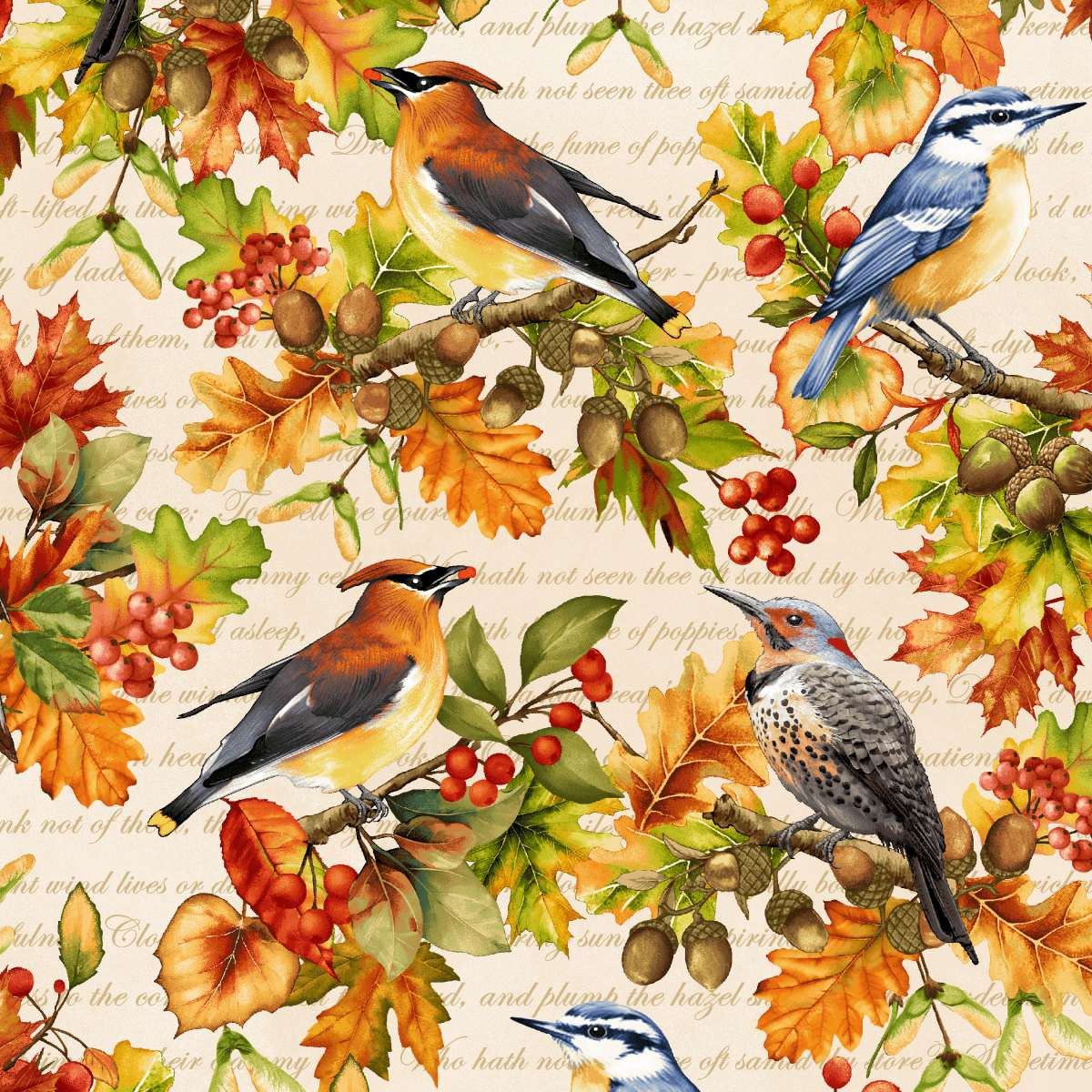 Oak and Berries - Allover Birds and Leaves - cream multi