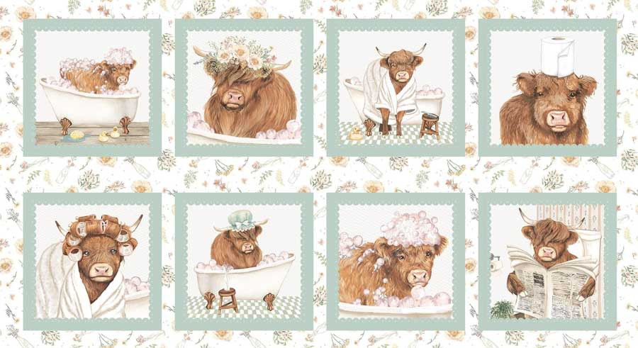 Bathing Bonnies - Highland Cows - Panel - mint