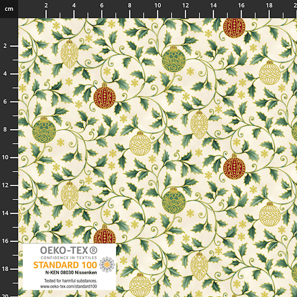 Christmas Stars - Holly Vines with Christmas Treebaubles - cream